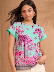 Estampa tropical azul e rosa - Camiseta de gola redonda Love & Roses - Imagem 1 de 4