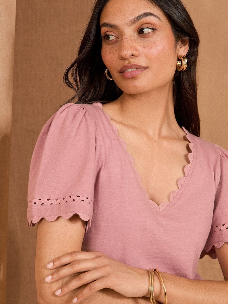 Love & Roses Blush Pink Scallop V-Neck T-Shirt - Image 2 of 4 Love & Roses Blush Pink Scallop V-Neck T-Shirt - Image 2 of 4