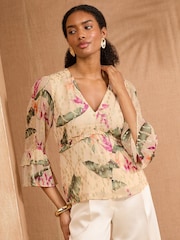Love & Roses Metallic Blush Pink V-Neck Tie Detail 3/4 Sleeve Peplum Top - Image 1 of 4