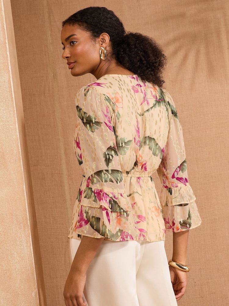 Love & Roses Metallic Blush Pink V-Neck Tie Detail 3/4 Sleeve Peplum Top - Image 2 of 4