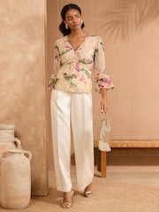 Love & Roses Metallic Blush Pink V-Neck Tie Detail 3/4 Sleeve Peplum Top - Image 3 of 4