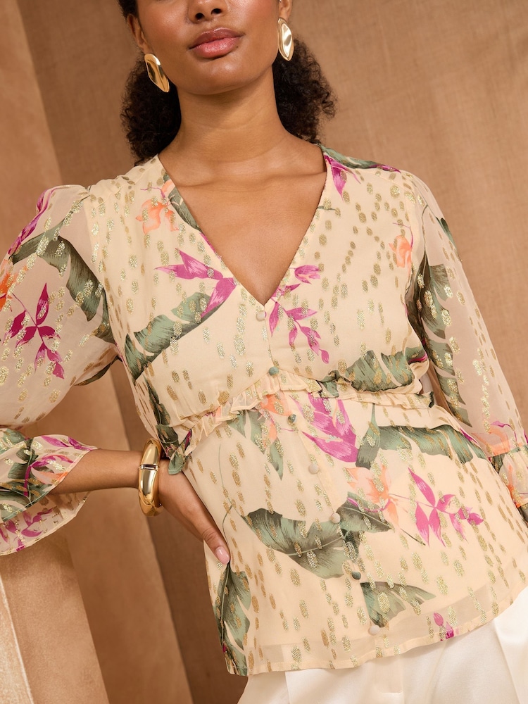 Metallic Blush Pink - Love & Roses – Schößchen-Top mit V-Ausschnitt, Bindedetail und 3/4-Ärmeln - Bild 4 von 4 Metallic Blush Pink - Love & Roses – Schößchen-Top mit V-Ausschnitt, Bindedetail und 3/4-Ärmeln - Bild 4 von 4
