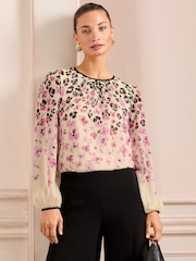 Love & Roses Neutral Animal Petite Print Tipped Detail Crew Neck Long Sleeve Blouse - Image 1 of 4