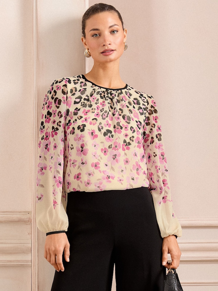 Love & Roses Neutral Animal Petite Print Tipped Detail Crew Neck Long Sleeve Blouse - Image 1 of 4