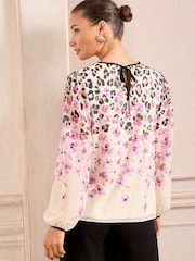 Love & Roses Neutral Animal Petite Print Tipped Detail Crew Neck Long Sleeve Blouse - Image 2 of 4