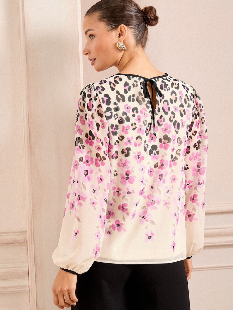 Love & Roses Neutral Animal Petite Print Tipped Detail Crew Neck Long Sleeve Blouse - Image 2 of 4