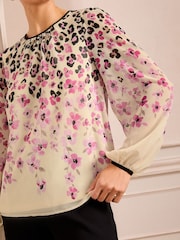 Love & Roses Neutral Animal Petite Print Tipped Detail Crew Neck Long Sleeve Blouse - Image 3 of 4