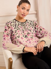 Love & Roses Neutral Animal Petite Print Tipped Detail Crew Neck Long Sleeve Blouse - Image 4 of 4