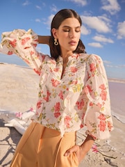 V&A I Love & Roses Floral Print Long Sleeve Ruffle 100% Cotton Blouse - Image 1 of 4