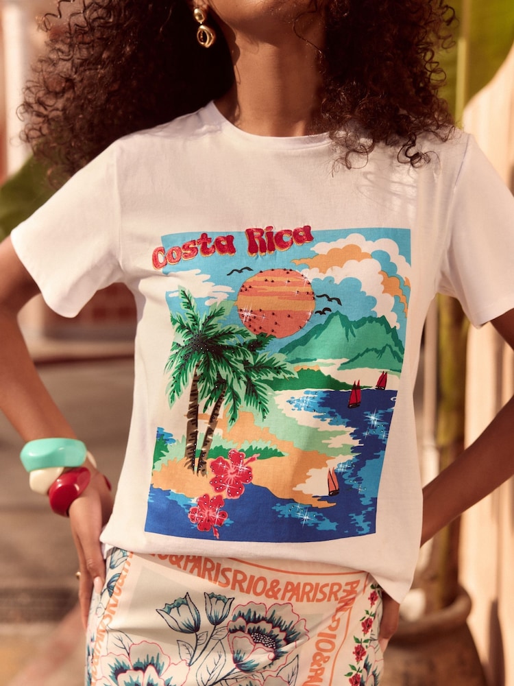 Love & Roses White Costa Rica Embroidered Slogan 100% Cotton Jersey T-Shirt - Image 2 of 4