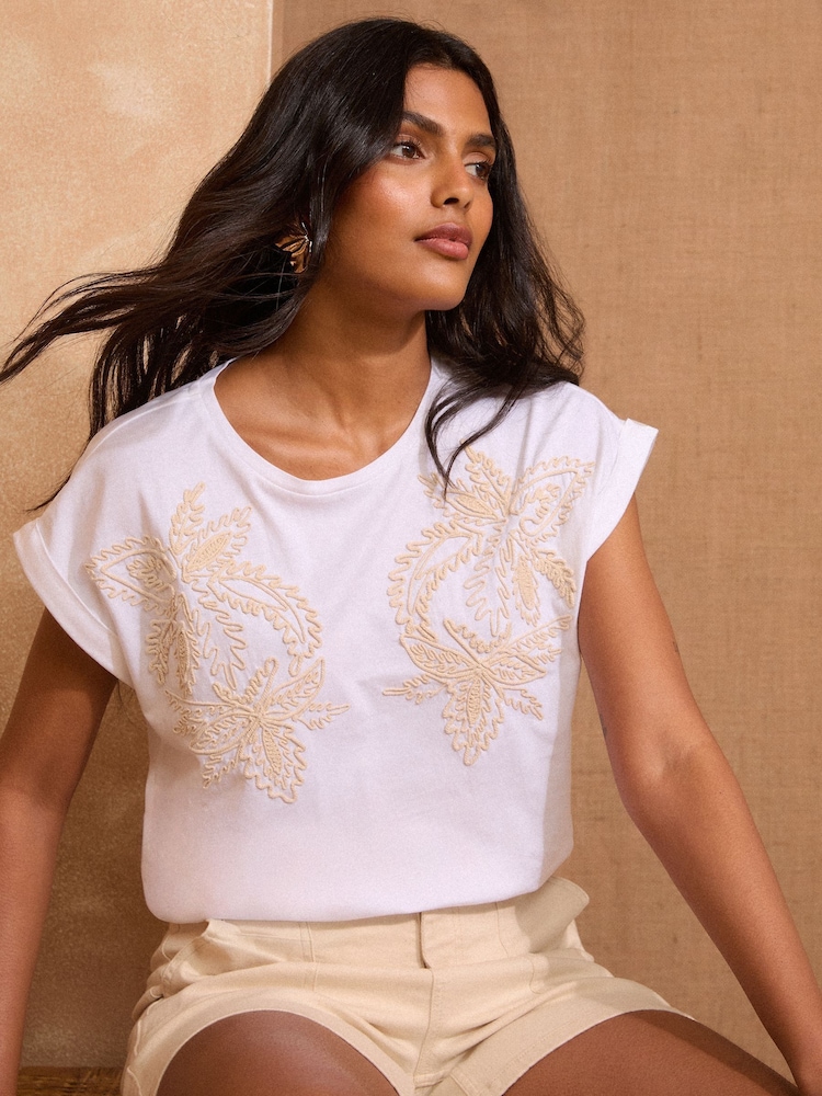 Love & Roses Ivory Floral Embroidery Crew Neck Jersey T-Shirt - Image 1 of 4 Love & Roses Ivory Floral Embroidery Crew Neck Jersey T-Shirt - Image 1 of 4