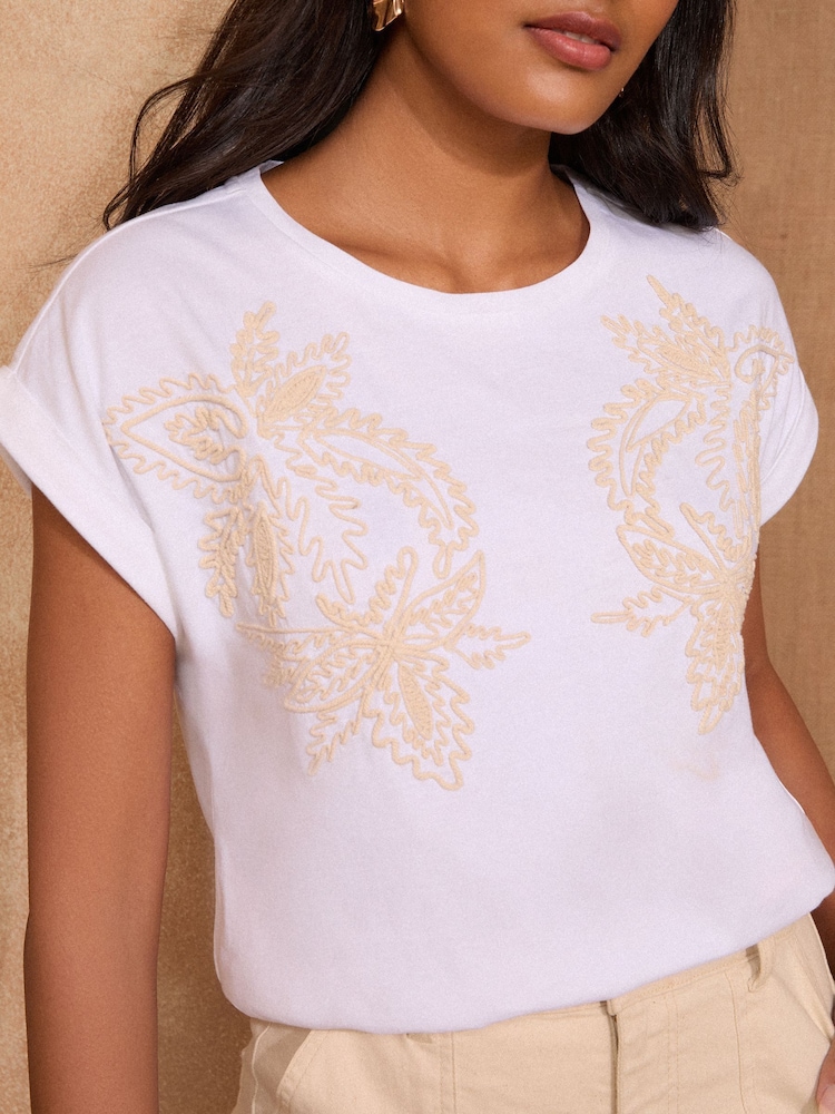 Love & Roses Ivory Floral Embroidery Crew Neck Jersey T-Shirt - Image 2 of 4 Love & Roses Ivory Floral Embroidery Crew Neck Jersey T-Shirt - Image 2 of 4