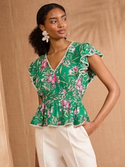 V&A I Love & Roses Green Floral Print Flutter Sleeve Tea Top - Image 1 of 4