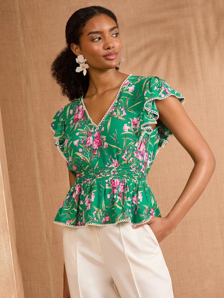 V&A I Love & Roses Green Floral Print Flutter Sleeve Tea Top - Image 1 of 4