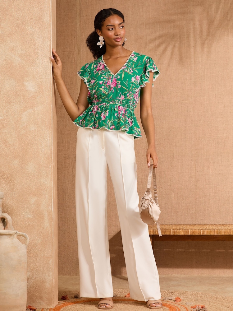 V&A I Love & Roses Green Floral Print Flutter Sleeve Tea Top - Image 2 of 4