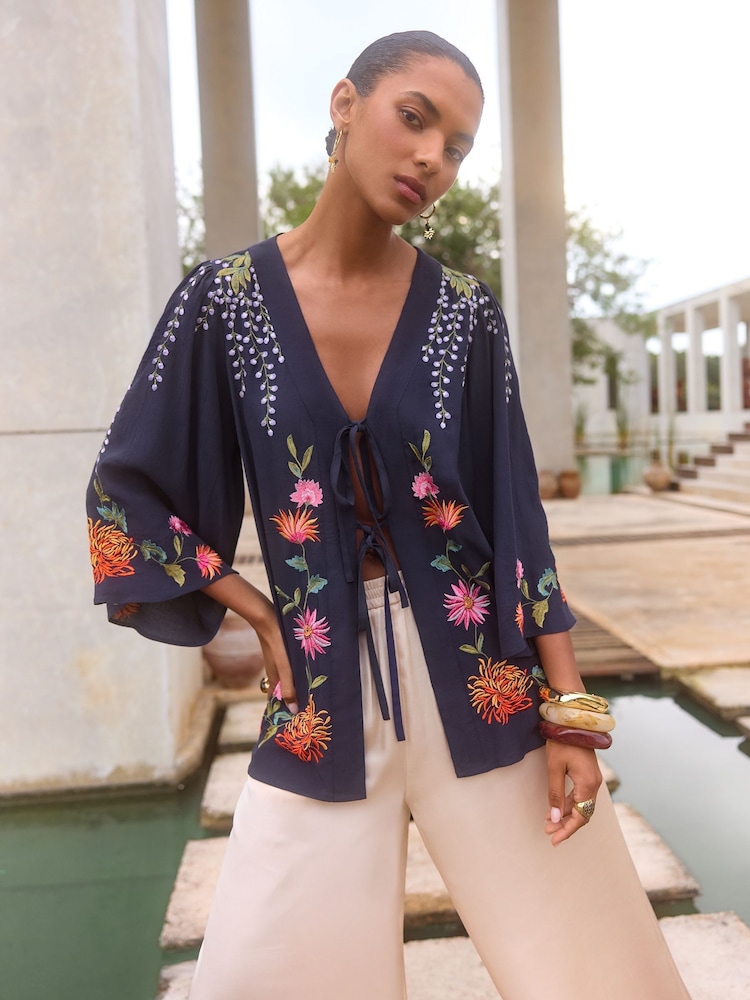 V&A I Love & Roses Navy Floral Embroidered Detail Kimono - Image 1 of 4