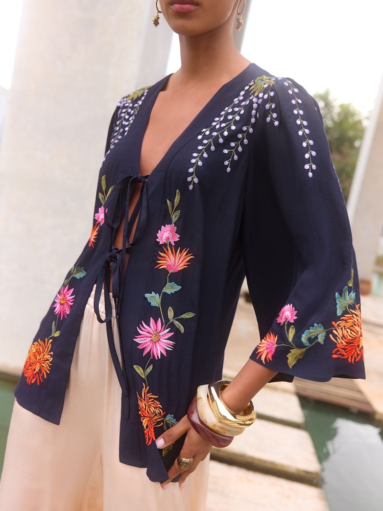 V&A I Love & Roses Navy Floral Embroidered Detail Kimono - Image 2 of 4