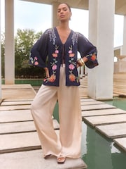 V&A I Love & Roses Navy Floral Embroidered Detail Kimono - Image 3 of 4