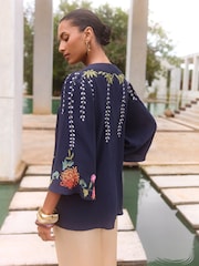 V&A I Love & Roses Navy Floral Embroidered Detail Kimono - Image 4 of 4