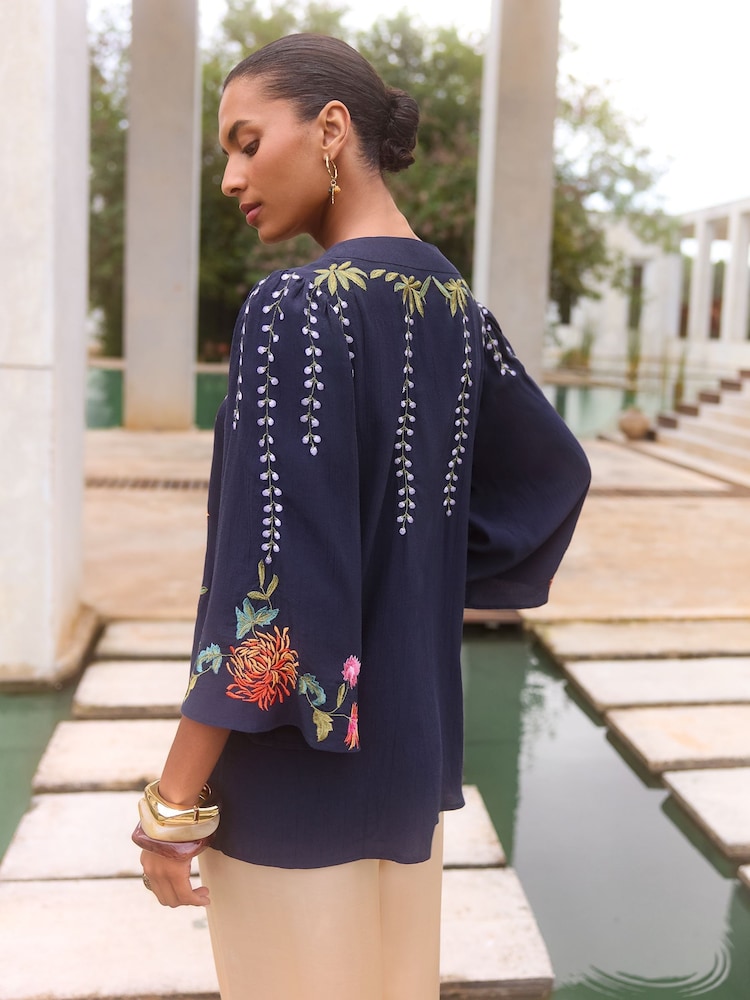 V&A I Love & Roses Navy Floral Embroidered Detail Kimono - Image 4 of 4