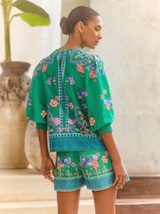 V&A I Love & Roses Green Floral 100% Cotton VA 3/4 Sleeve Crew Neck Floral Printed Blouse - Image 4 of 4