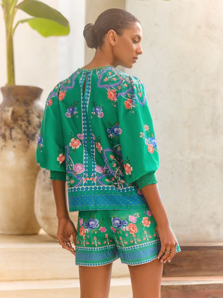 V&A I Love & Roses Green Floral 100% Cotton VA 3/4 Sleeve Crew Neck Floral Printed Blouse - Image 4 of 4