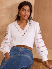 Love & Roses White Floral Embroidery 100% Cotton V-Neck Jersey Long Sleeve Top - Image 1 of 4