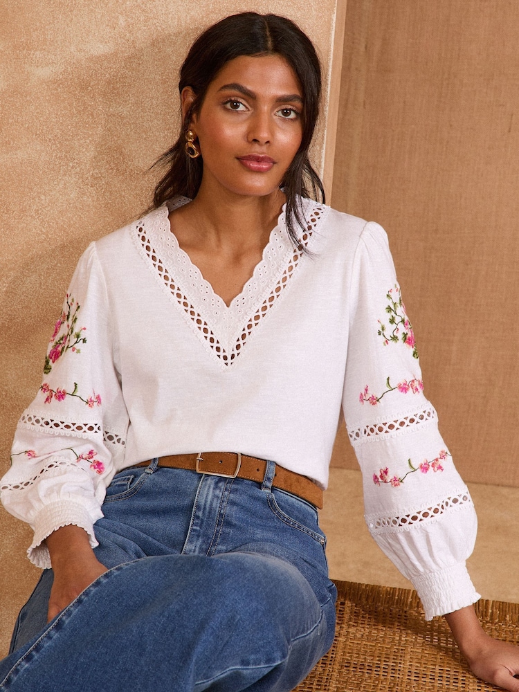 Love & Roses White Floral Embroidery 100% Cotton V-Neck Jersey Long Sleeve Top - Image 1 of 4 Love & Roses White Floral Embroidery 100% Cotton V-Neck Jersey Long Sleeve Top - Image 1 of 4
