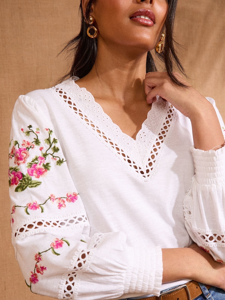 Love & Roses White Floral Embroidery 100% Cotton V-Neck Jersey Long Sleeve Top - Image 2 of 4 Love & Roses White Floral Embroidery 100% Cotton V-Neck Jersey Long Sleeve Top - Image 2 of 4