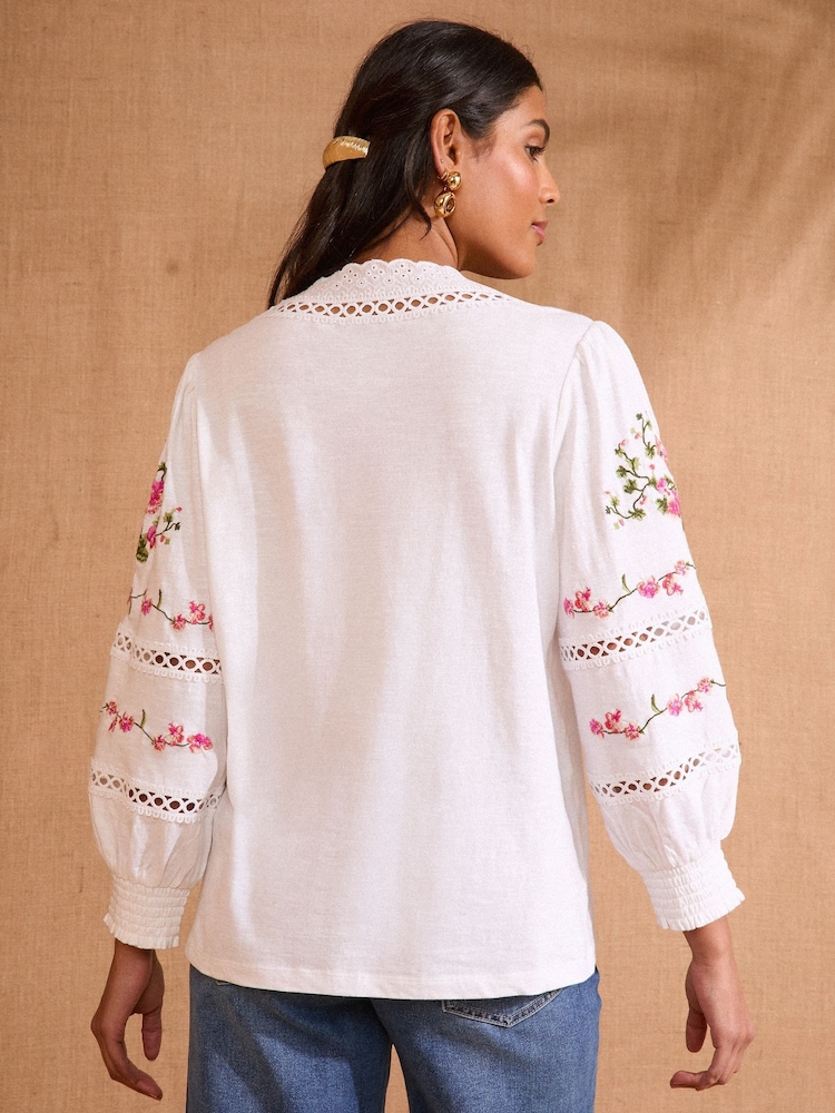 Love & Roses White Floral Embroidery 100% Cotton V-Neck Jersey Long Sleeve Top - Image 4 of 4 Love & Roses White Floral Embroidery 100% Cotton V-Neck Jersey Long Sleeve Top - Image 4 of 4