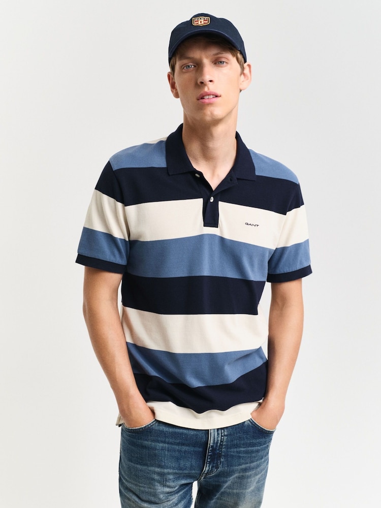 GANT Blue Block Stripe Short Sleve 100% Cotton Polo Shirt - Image 1 of 5