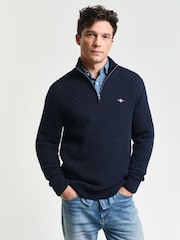 GANT Blue Textured Cotton Half Zip Jumper - Image 1 of 5