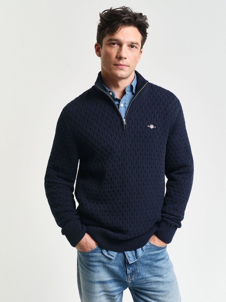 GANT Blue Textured Cotton Half Zip Jumper - Image 1 of 5