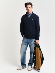 GANT Blue Textured Cotton Half Zip Jumper - Image 3 of 5