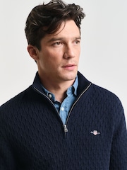 GANT Blue Textured Cotton Half Zip Jumper - Image 4 of 5