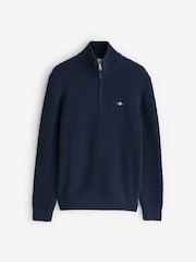 GANT Blue Textured Cotton Half Zip Jumper - Image 5 of 5