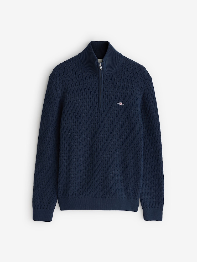 GANT Blue Textured Cotton Half Zip Jumper - Image 5 of 5