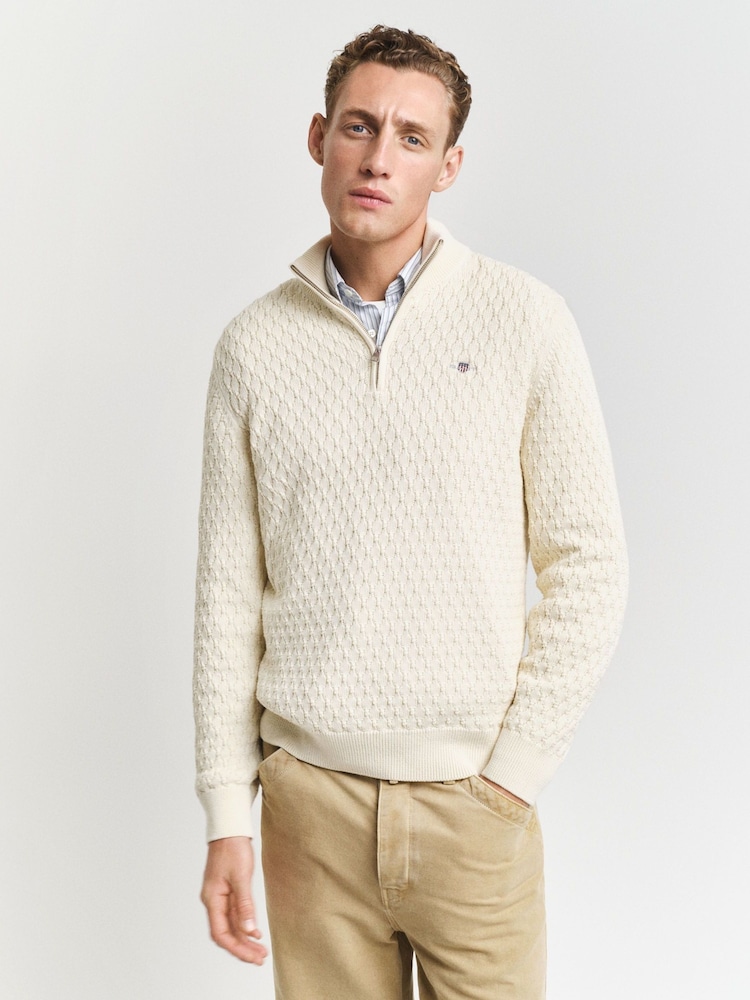 GANT Cream Textured Cotton Half Zip Jumper - Image 1 of 5