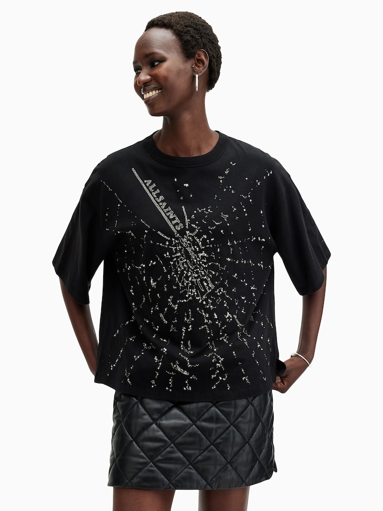 AllSaints Black Amelie Shatter Cotton T-Shirt - Image 1 of 7