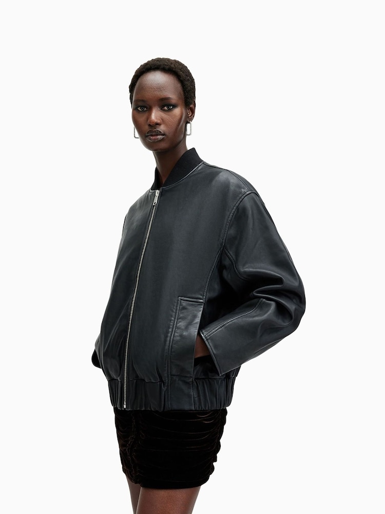 AllSaints Black Yara Lea Bomber Jacket - Image 1 of 9