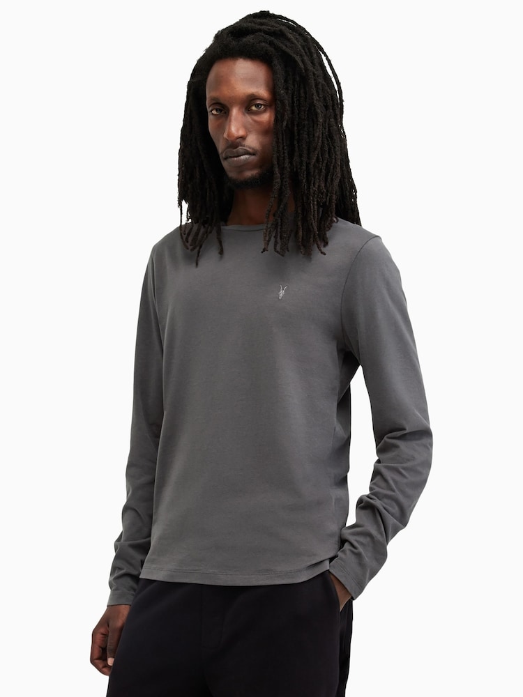 AllSaints Grey Brace Long Sleeve Crew Neck 100% Organic Cotton T-Shirt - Image 1 of 6
