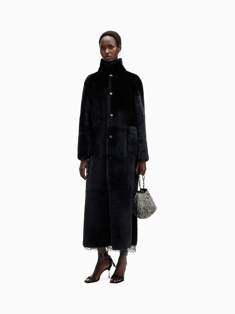 AllSaints Black Serra Maxi Shearling 100% Cotton Coats - Image 6 of 10