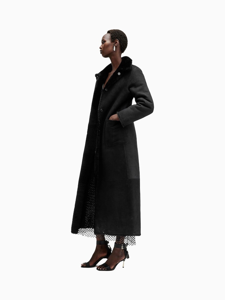 AllSaints Black Serra Maxi Shearling 100% Cotton Coats - Image 7 of 10