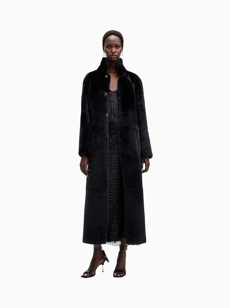AllSaints Black Serra Maxi Shearling 100% Cotton Coats - Image 8 of 10