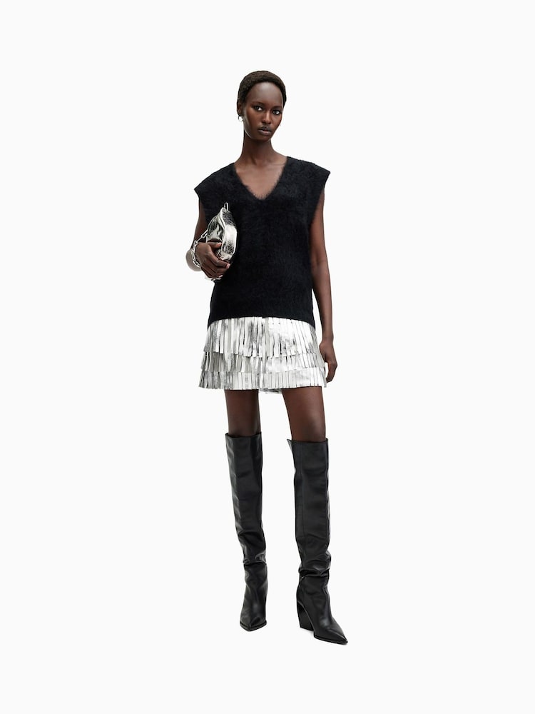 AllSaints Silver Aisha Foil Skirt - Image 1 of 7