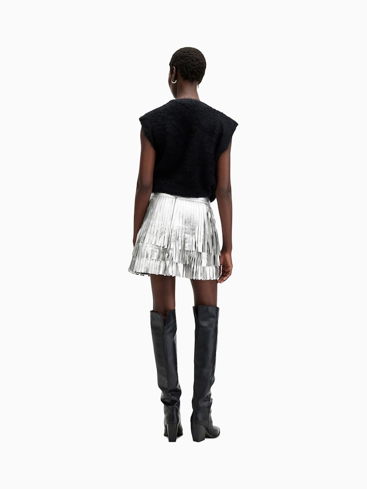 AllSaints Silver Aisha Foil Skirt - Image 2 of 7