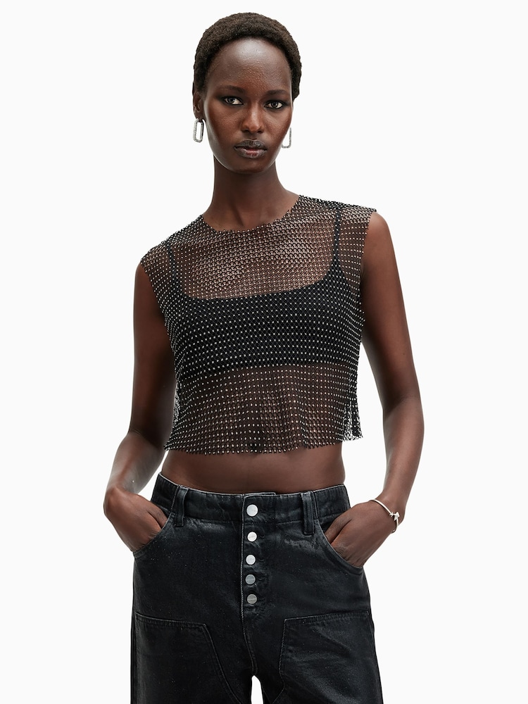 AllSaints Black Calytrix Sparkle Top - Image 1 of 7