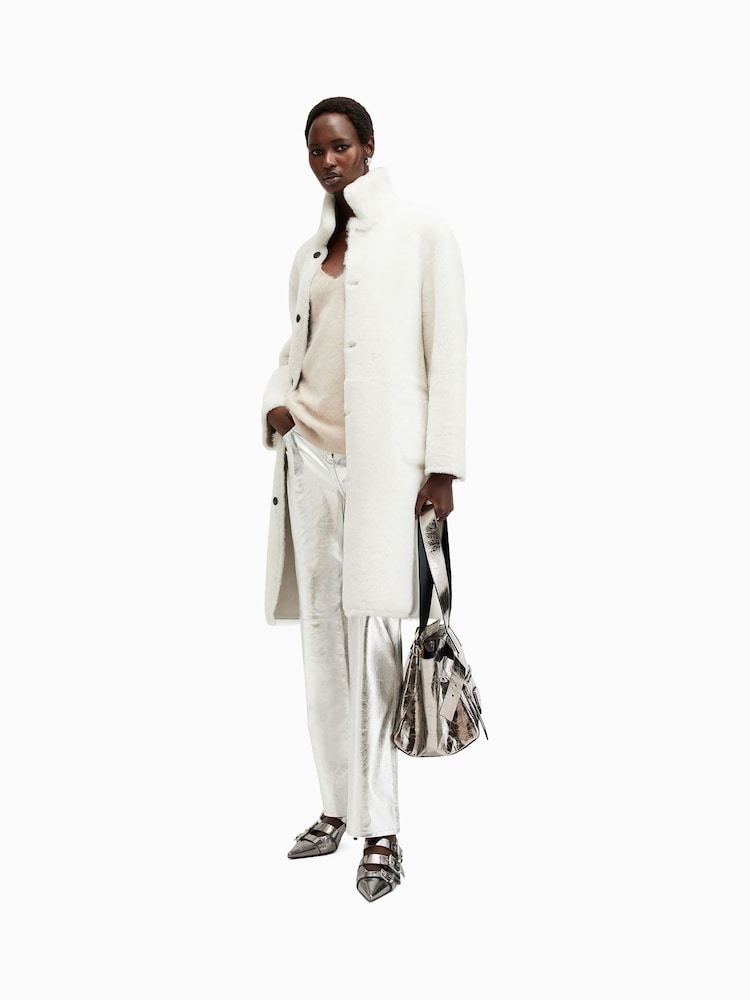 AllSaints White Serra Shearling 100% Cotton Coat - Image 1 of 9