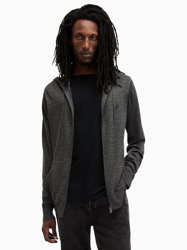 AllSaints Grey Mode Merino Zip Hoodie - Image 1 of 5