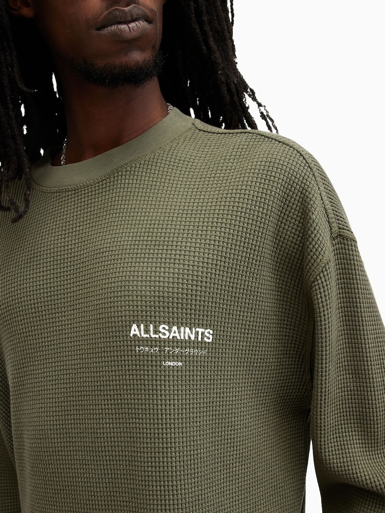 AllSaints Green Crypt Long Sleeves Crew 100% Cotton T-Shirt - Image 2 of 6 AllSaints Green Crypt Long Sleeves Crew 100% Cotton T-Shirt - Image 2 of 6